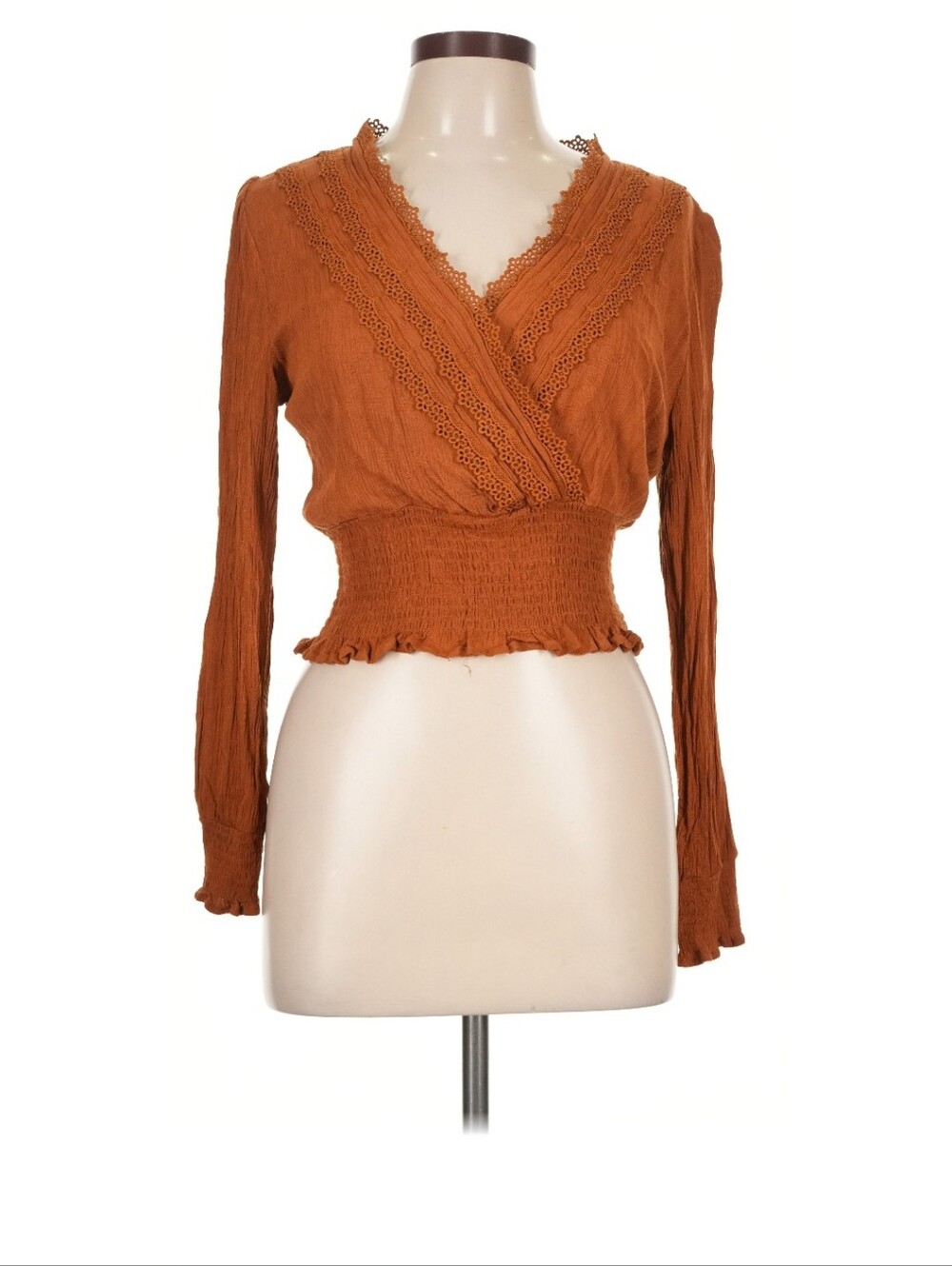 Women's Rust Lace-Trim V-Neck Blouse